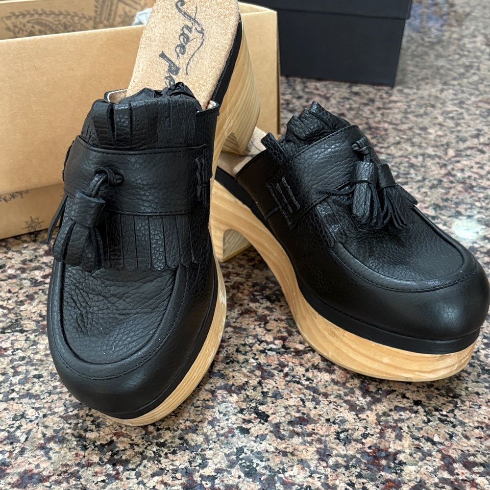 Free People Black Leather Tassel Fringe Clog Mules with Wood-Look Platform